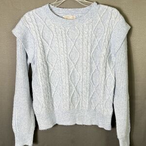 Sincerely Jules sweater light blue crewneck cable knit ruffle shoulder Small